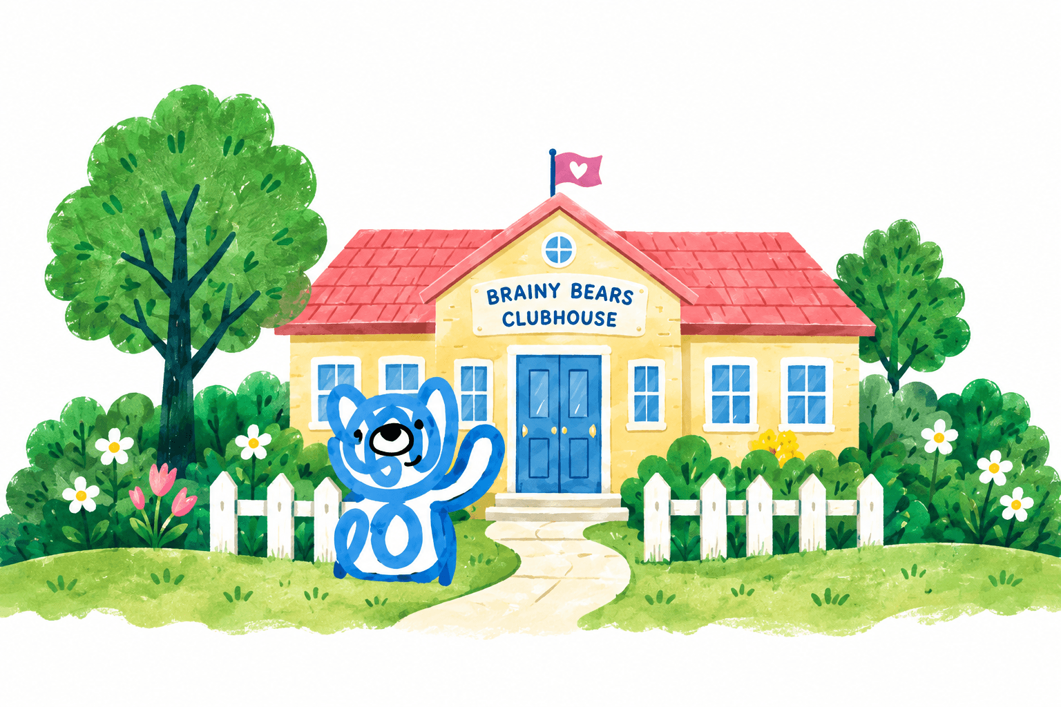 Our blue bear welcomes you to a sunny clubhouse, surrounded by flowers and a white picket fence.
